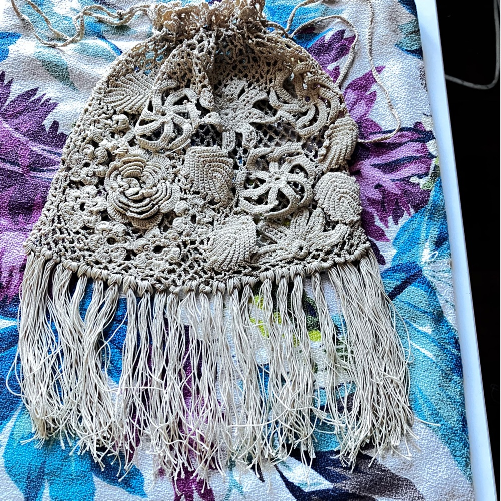 Beige Crochet Fringe Bag